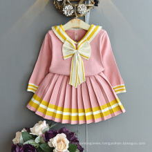 2021 Fall Autumn Girl Suit Thin Children Cute V-Neck Bow Pleated Skirt Set